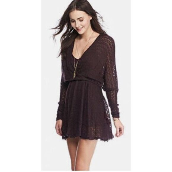 FREE PEOPLE Knit Dress Snug Bug Plum Purple Faux Wrap Tassels Size Small - Picture 1 of 11